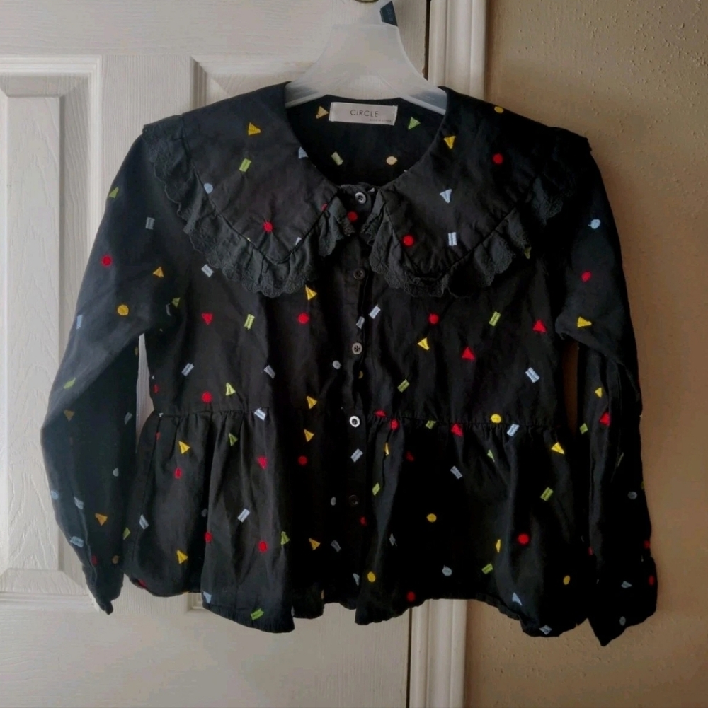 Vintage Korea Peter Pan Collar Kawaii Geometric Kidcore Shirt Small  🟦📐🔴
